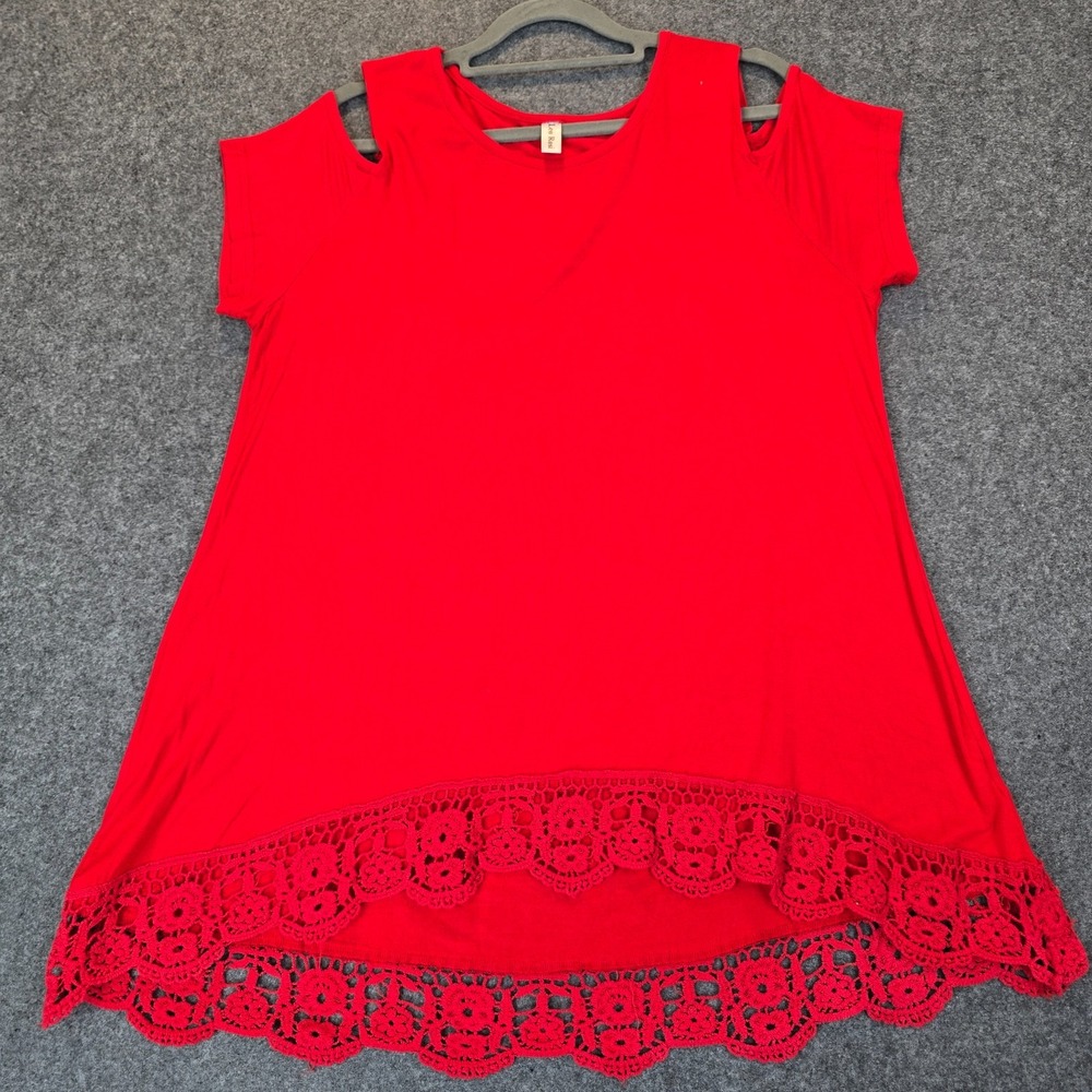 Leo Rosi Tunic Top Womens Red Lace Detail Cotton Stretch Crew Neck Cold Shoulder